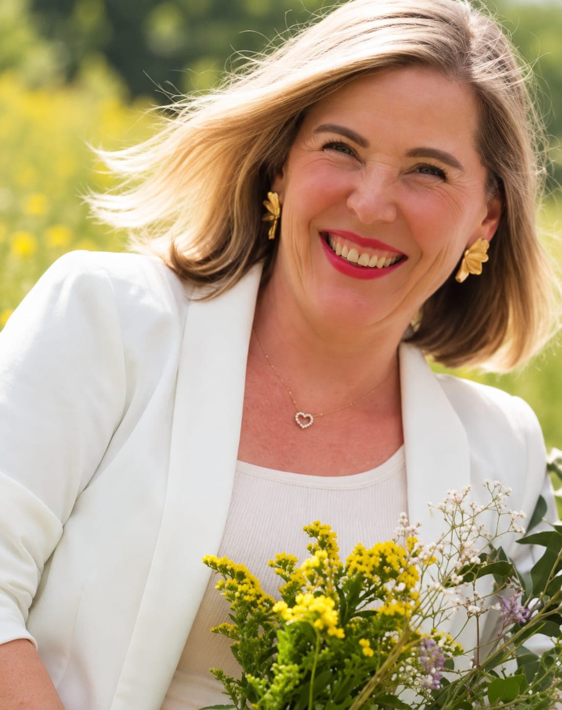 Dani lacht in einem weißen Blazer mit Wildblumen im Arm